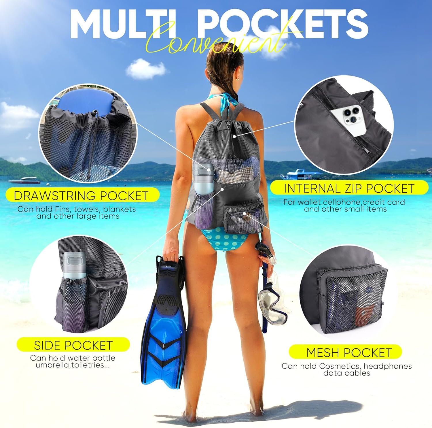 Swim Mesh Beach Bag, Waterproo - Drawstring Gym Bag 리뷰 및 가격