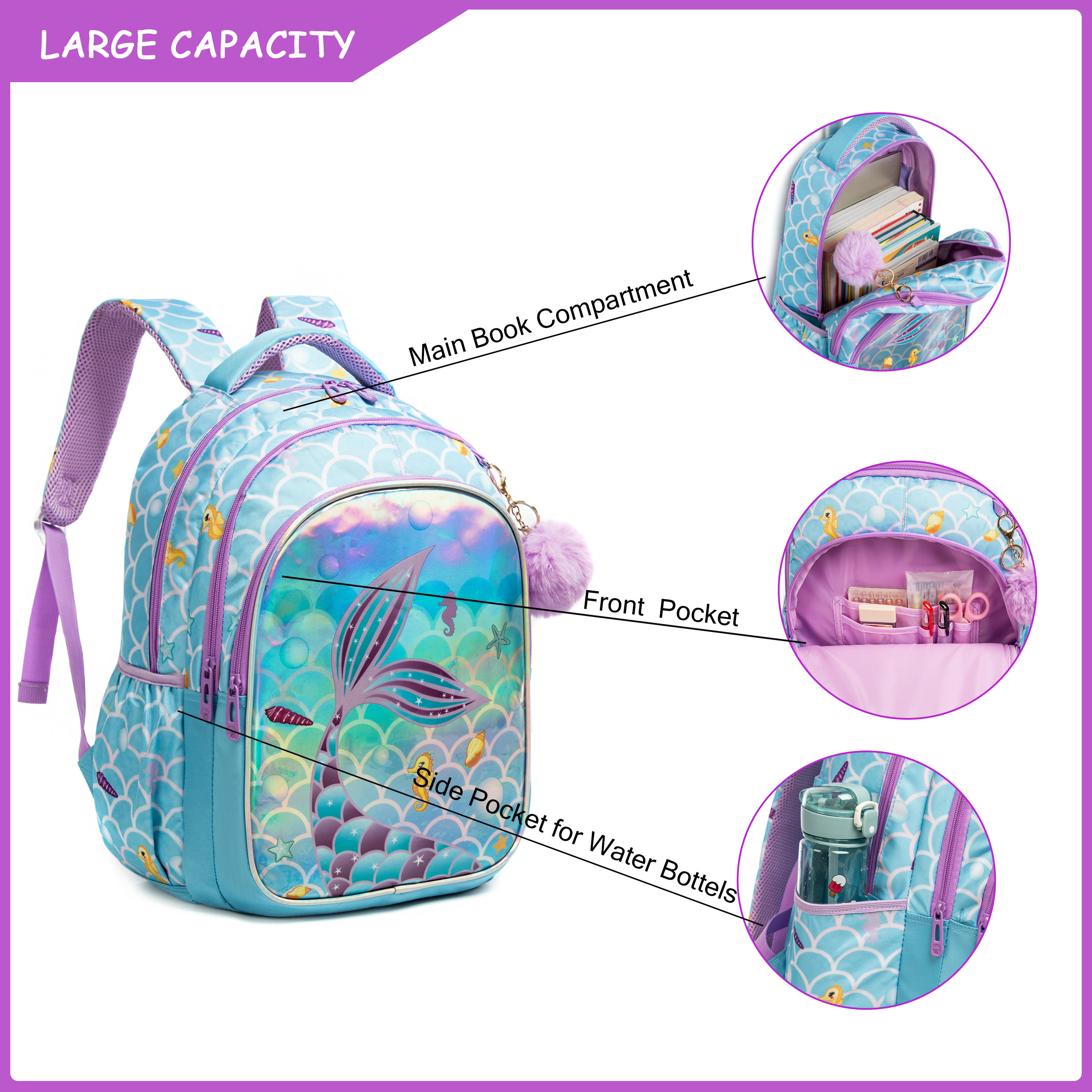 Meetbelify Cute  Blue Mermaid  - School Backpack Teen 리뷰 및 가격